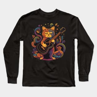 Retro 70s Cat Playing Guitar Gifts Guitarist Concert Guitar Long Sleeve T-Shirt